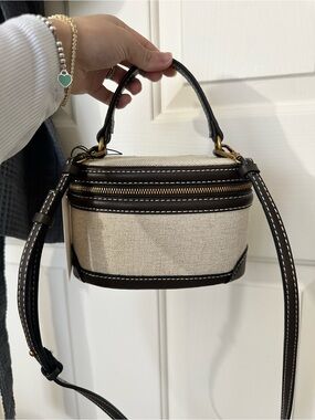 Zara Canvas and Dark Brown Leather Top-Handle Crossbody Bag